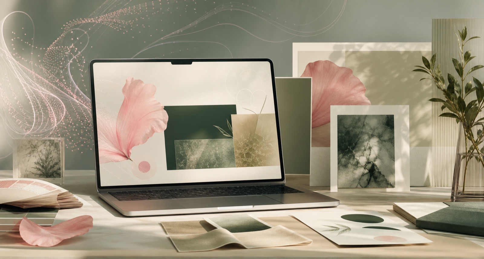 AI-assisted web design studio scene with blush petals, sage green screens, and layered website mockups for a post-AI brand first impression