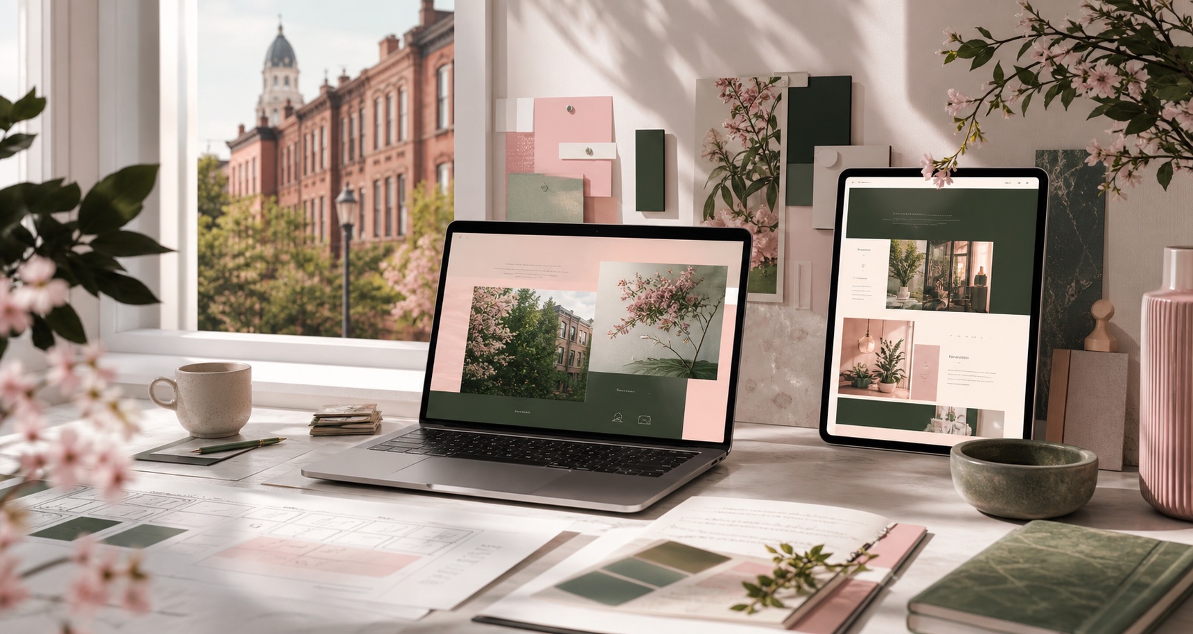 Editorial SEO-ready web design workspace with blush petals, sage green website mockups, Baltimore-inspired architecture, and local search planning notes