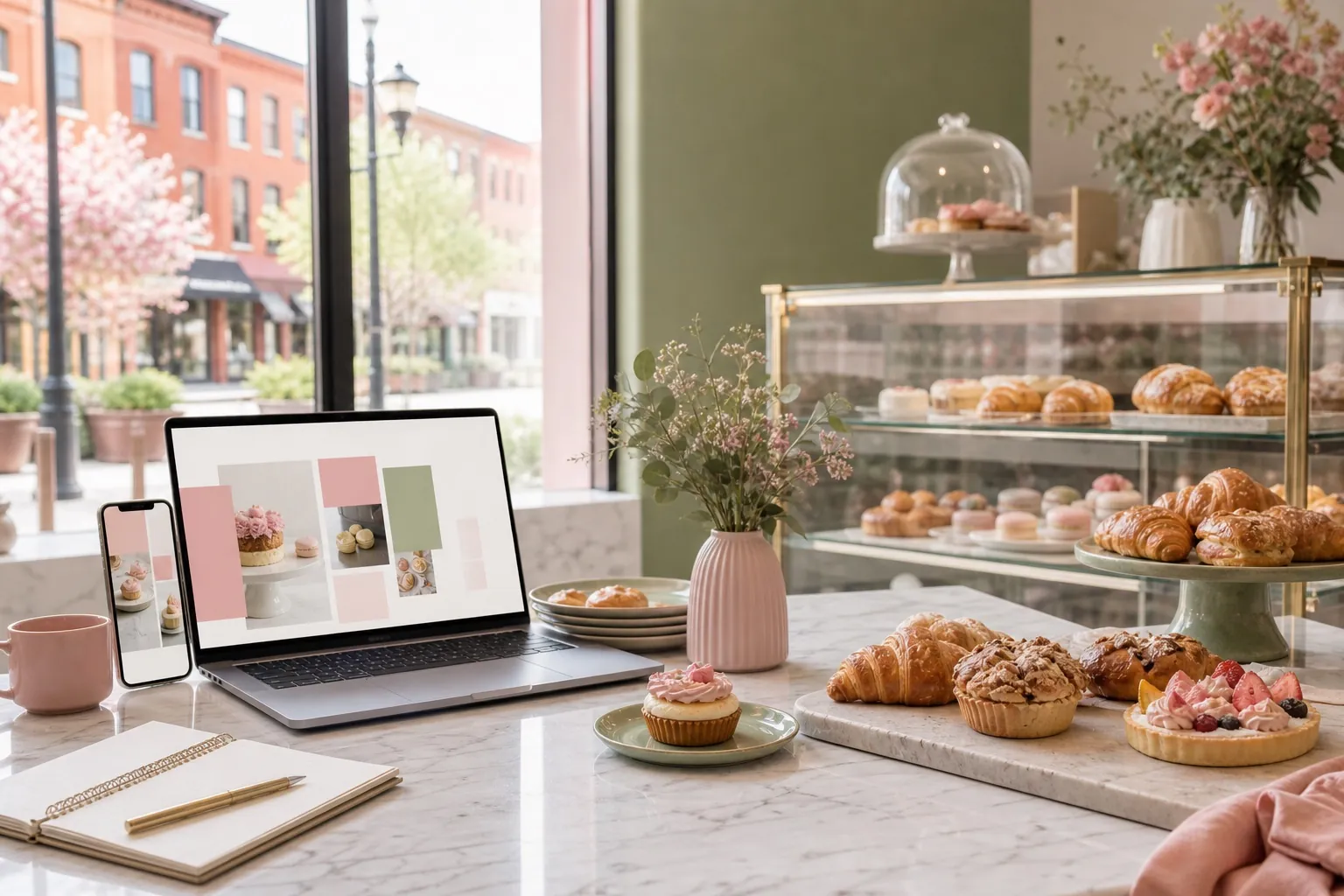 Professional bakery counter with pastries and blush pink and sage green website mockups for a Maryland bakery