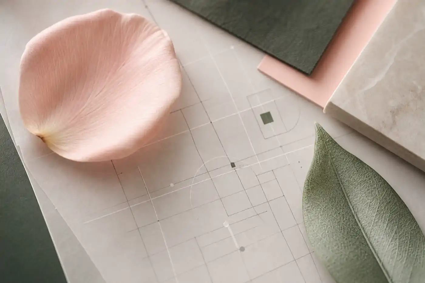 Macro blush petal, sage leaf, translucent layout grid, and tactile materials showing precise brand design details