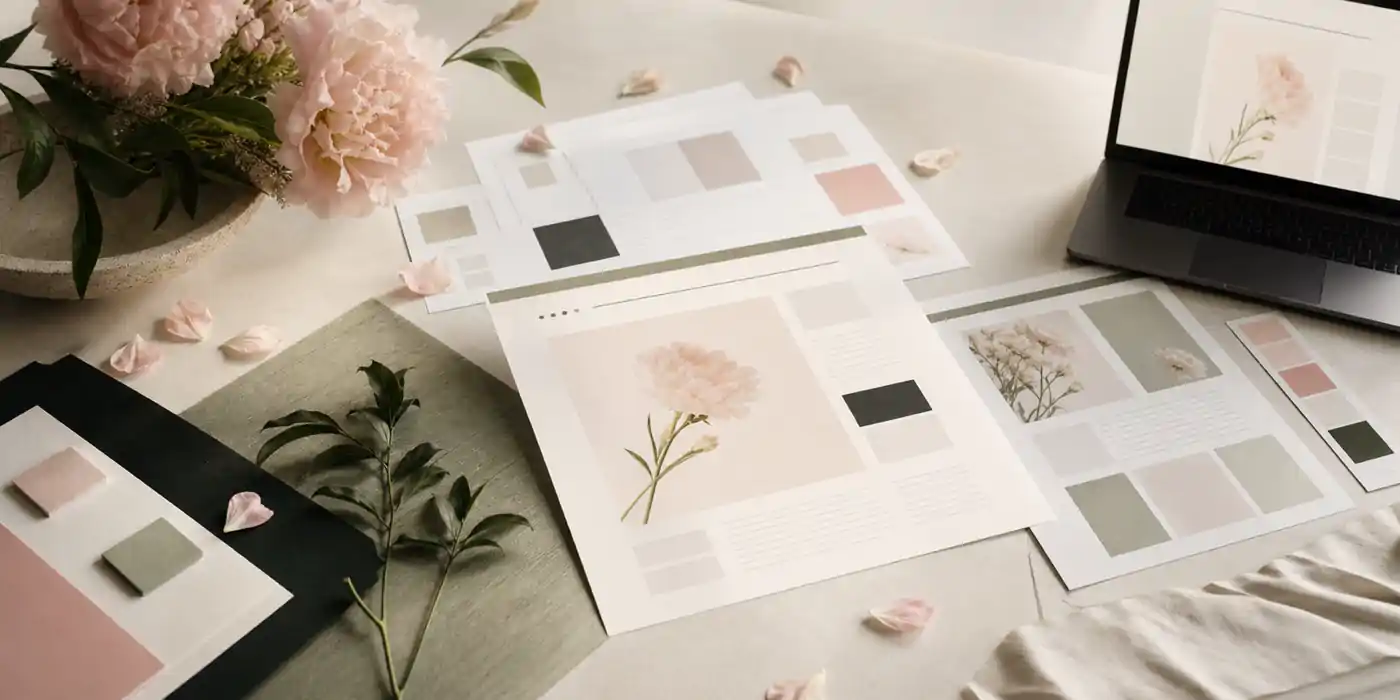 Editorial web design flat lay with blush flowers, sage green materials, website layouts, and calm typography specimens