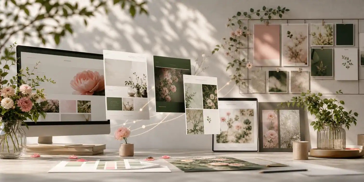 Dreamy studio wall with evolving website panels, botanical imagery, blush and sage brand tiles, and AI-assisted content concepts