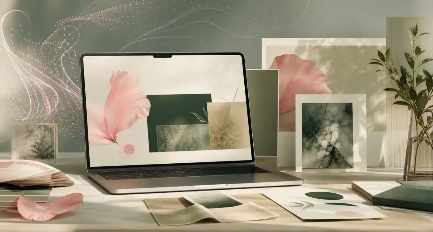 AI-assisted web design studio scene with blush petals, sage green screens, and layered website mockups for a post-AI brand first impression