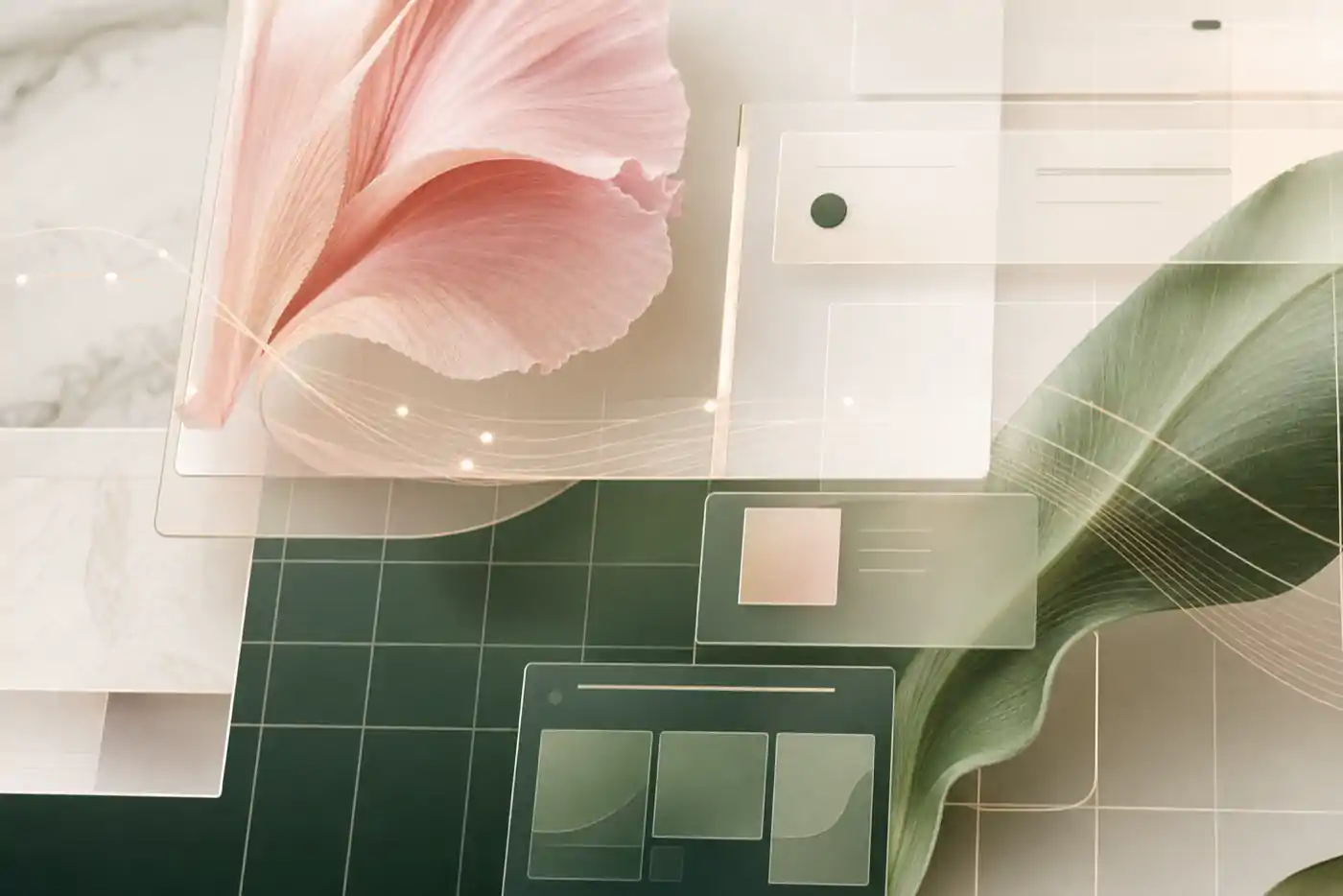Abstract blush pink petal, sage green leaf, and translucent web interface layers representing human taste guiding AI design