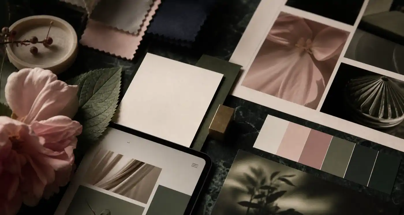 Luxury brand direction table with blush flowers, sage green swatches, web mockup fragments, and refined visual details