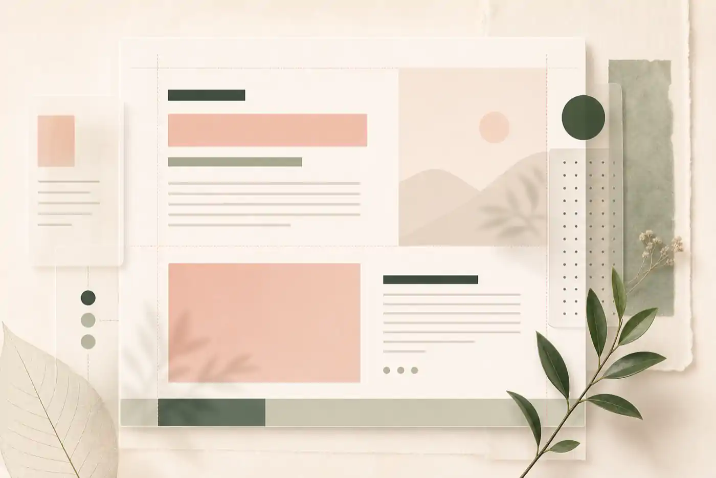 Minimal web page layout with blush image blocks, sage green accents, blank headline bars, and spacious typographic hierarchy