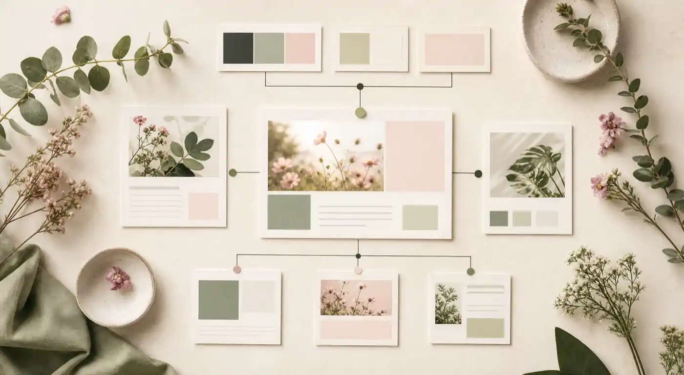Top-down editorial content ecosystem with connected website cards, botanical elements, image modules, and SEO update planning