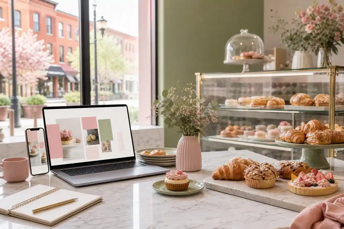 Professional bakery counter with pastries and blush pink and sage green website mockups for a Maryland bakery