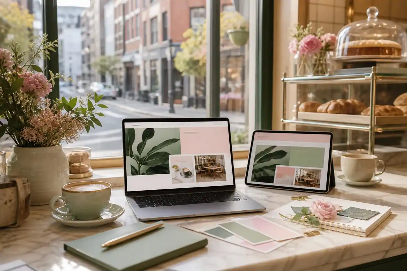 Editorial cafe counter with sage green and blush pink web design mockups for a Maryland cafe website