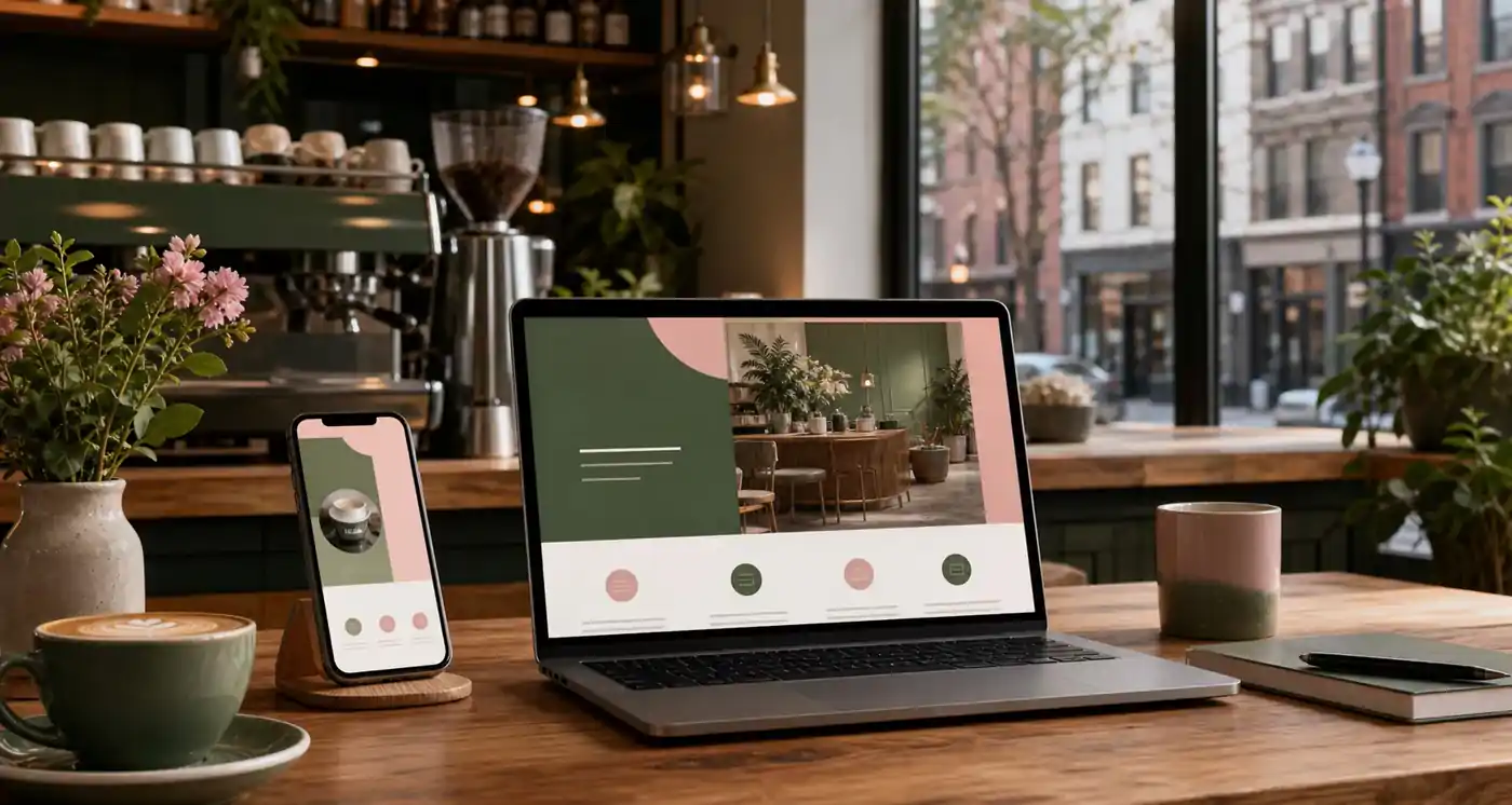 Specialty coffee bar with abstract blush and sage green web design mockups for a Maryland coffee shop