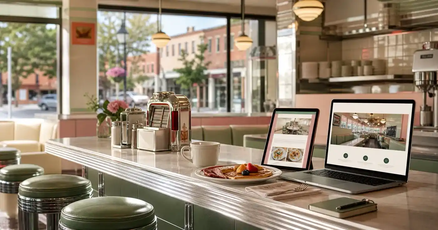 Modern diner counter with sage and blush website mockups for a Maryland diner web design page