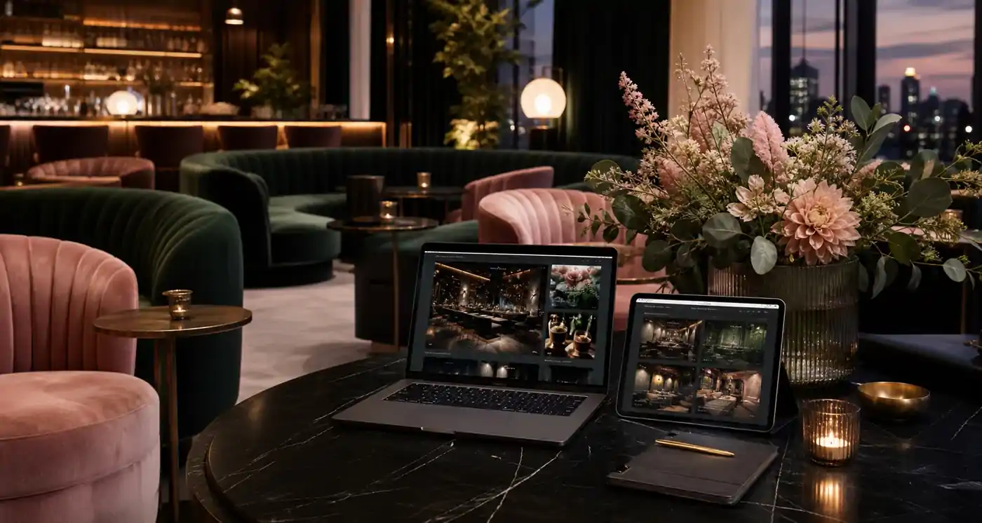 Sophisticated lounge interior with blush and deep green website mockups for Maryland lounge web design
