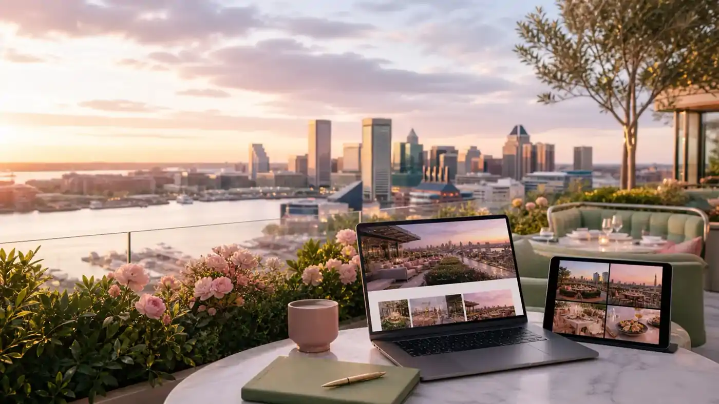 Elegant rooftop venue website concept for a Maryland hospitality SEO content cluster