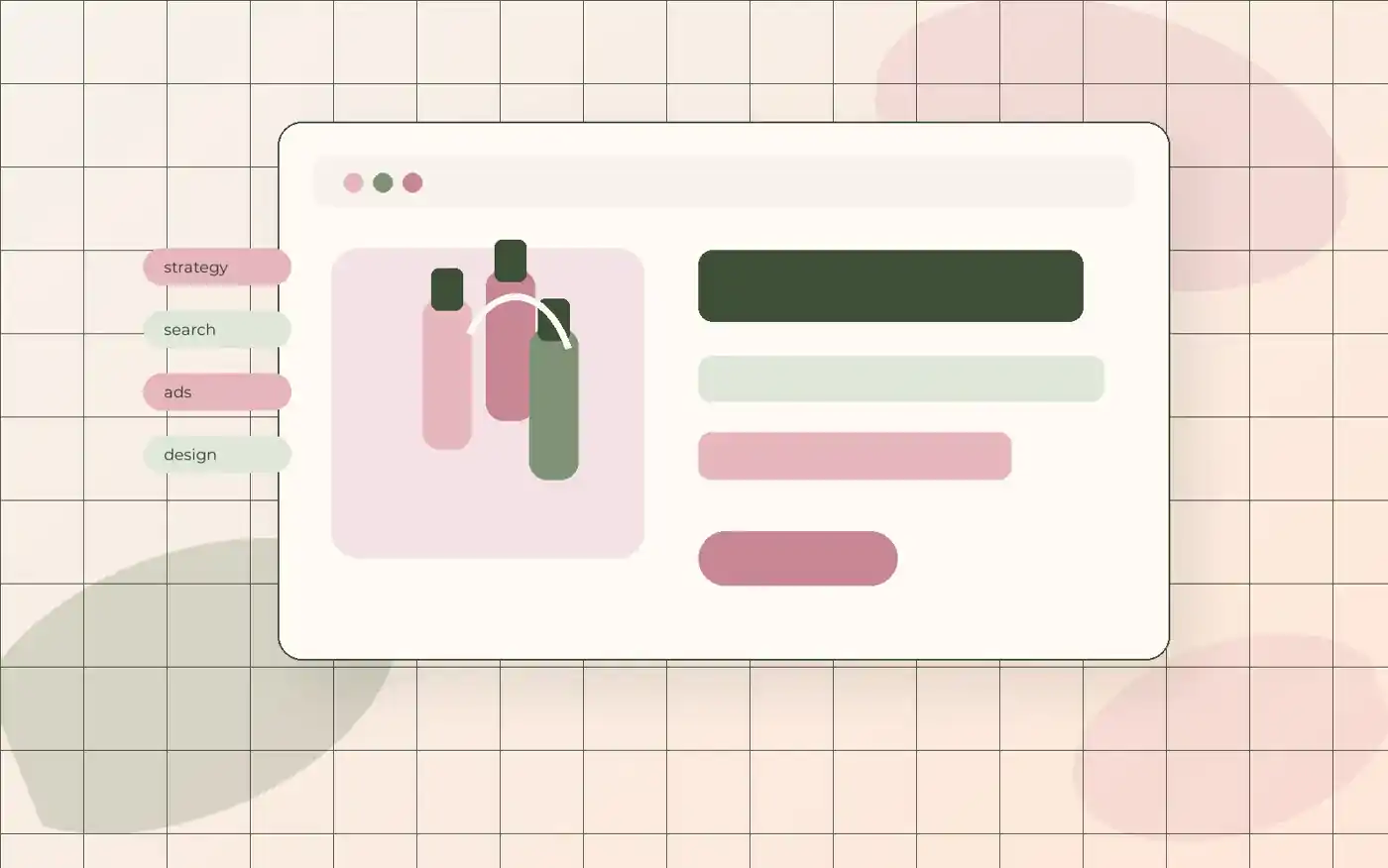 Editorial beauty studio website concept with nail salon SEO and paid ads strategy cards