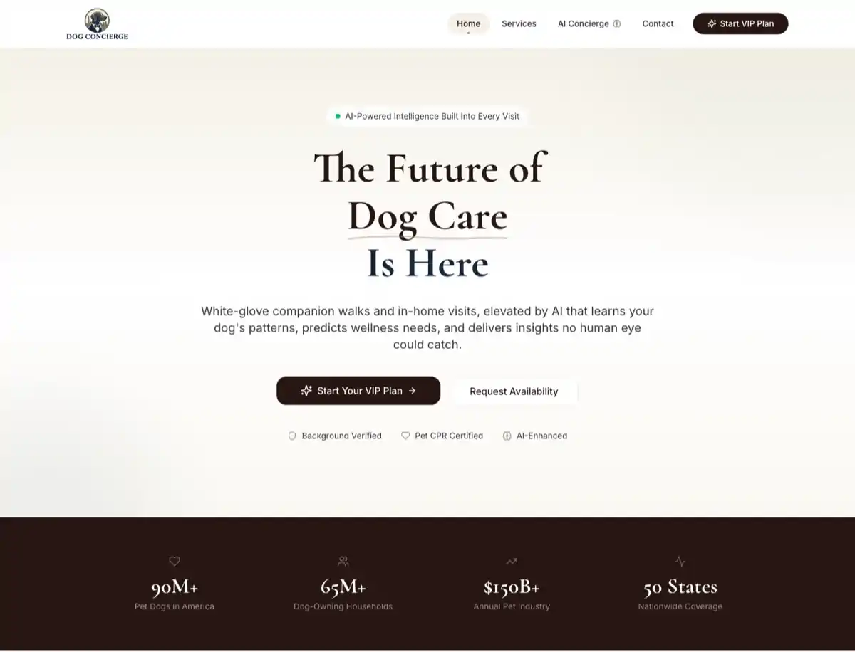 Homepage screenshot of Dog Concierge